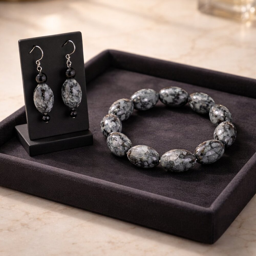 Amazonite Beaded Black and Dark Gray‎ Bracelet and Earring Set - New